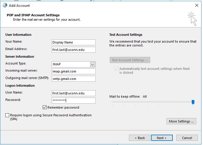 gmail outlook account settings password