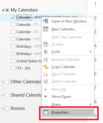 Properties option in outlook calendar menu.