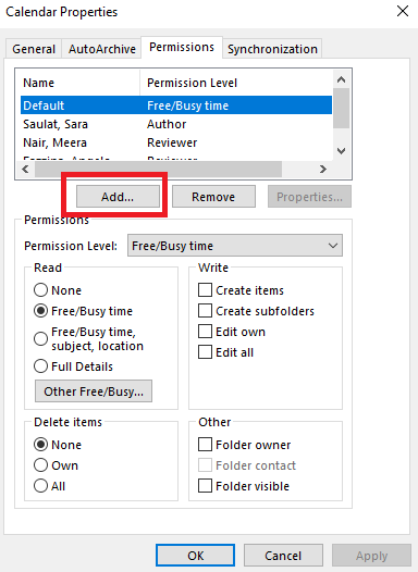 Permissions tab in calendar properties.